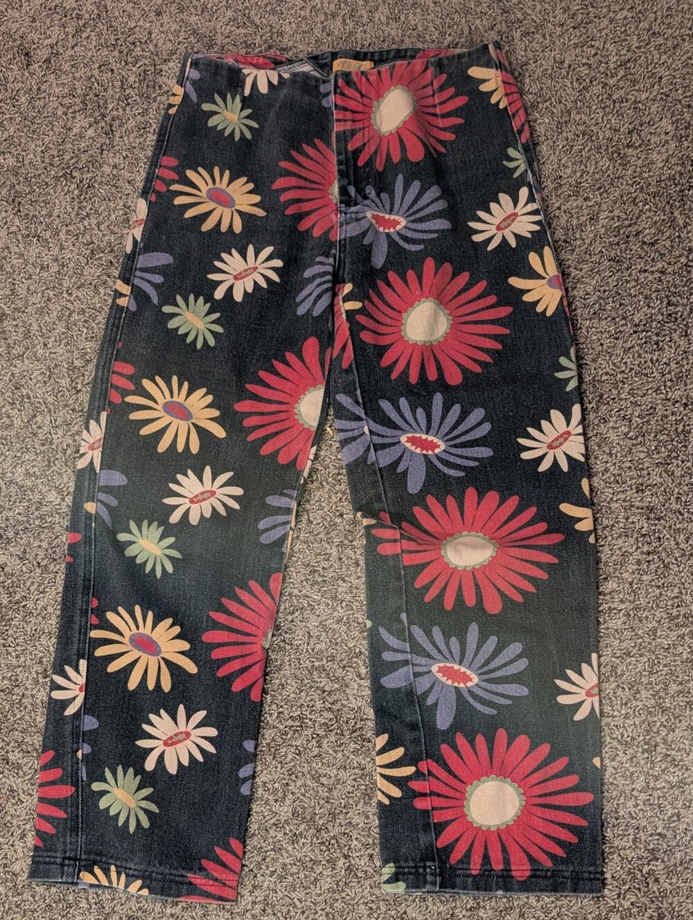 Kids Black Denim Jeans with Bright Daisy Print